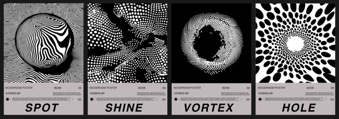 Fototapete - Set of vector posters in black and white op art style. Each features abstract modernism with optical patterns: sphere, dots, vortex. Monochrome futurism is a highly popular 2025 trend.
