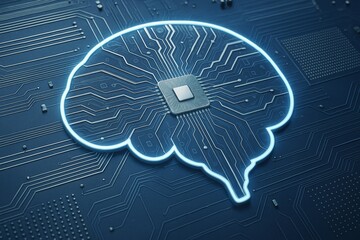 Aufkleber - Glowing brain-shaped circuit with microchip on dark blue electronic board background symbolizing artificial intelligence and digital technology concept.