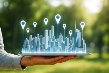 Aufkleber - Futuristic smart city with digital location pins emerging from tablet on human hand, symbolizing modern technology and urban innovation outdoors.