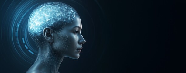 Poster - Futuristic concept of artificial intelligence with human-like female figure and glowing neural network brain on dark technology background.
