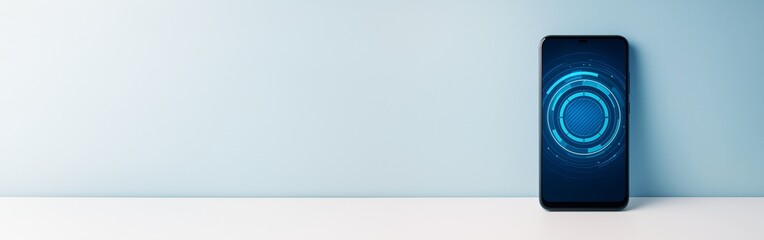 Poster - Smartphone with futuristic digital interface on screen placed on white table with blue background for technology business advertising concept.