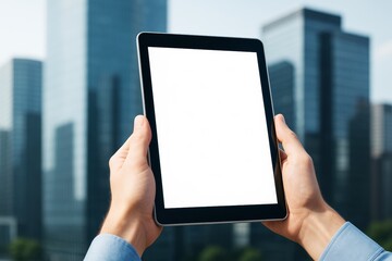Poster - Hands holding tablet with blank white screen in front of modern glass buildings, perfect for business mockup or digital advertising background.