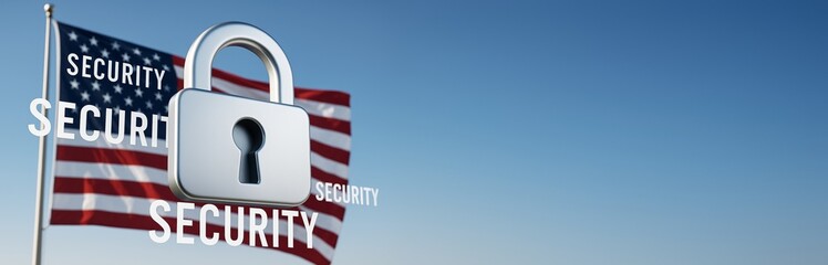 Aufkleber - Cybersecurity concept with metallic padlock overlay and American flag in background under clear blue sky emphasizing national data protection theme.