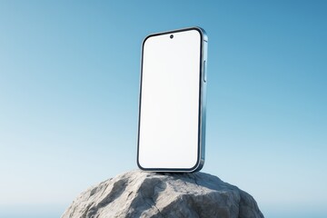 Poster - Modern smartphone with blank screen standing on rock under clear blue sky as tech display mockup for advertising or promotion concept.