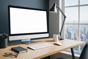 Poster - Modern workspace with blank computer screen on wooden desk near window and city background, perfect for design mockup or advertising concept.