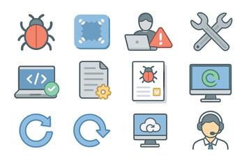 Poster - Software debugging and maintenance icons with tools and support elements