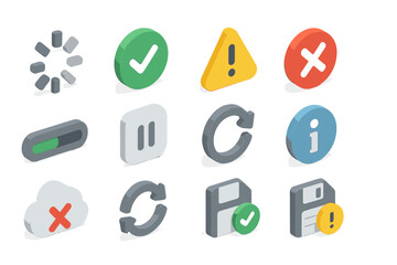 Poster - 3d isometric notification icons: alert, information, processing, cloud, save