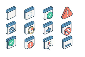 Poster - Isometric browser icon set featuring alerts, settings, and warnings
