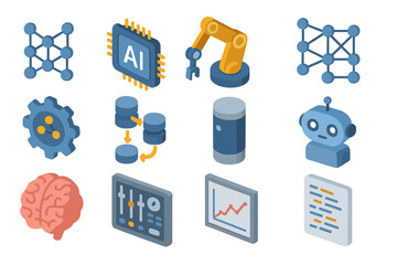 Poster - Isometric icons of ai technology and robotics with gadgets and charts