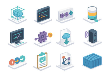 Aufkleber - Isometric technology icons representing ai, cloud, and data storage concepts