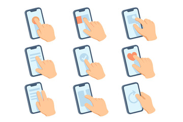 Fototapete - Set of hand interactions with smartphone touchscreens in various actions