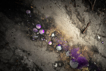 Aufkleber - Mesmerizing abstract image featuring vibrant purple and gold fluid stains on textured gray surface, evoking sense of cosmic chaos and organic decay