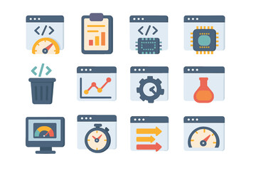 set of data and performance icons in bright panel layout