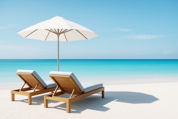Aufkleber - Two beach lounge chairs under a white umbrella on a sunny tropical shore with turquoise sea and blue sky in the background. Ai generative.