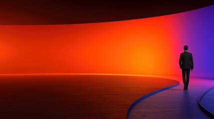 Poster - Abstract scene of a businessman walking towards a vibrant illuminated wall in a modern artistic environment