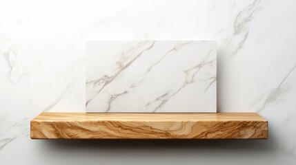 Poster - Elegant display of a marble slab on a wooden shelf against white marble background for luxury interior design concepts