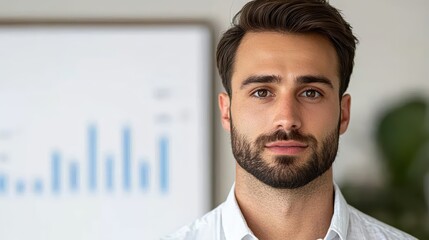 Poster - Professional man with beard looking confident and focused in front of growth chart and blurred background in modern office