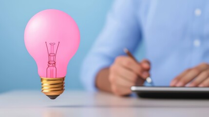 Poster - Pink Light Bulb with Creative Ideas Concept Floating Above Table with Person Working on Digital Tablet