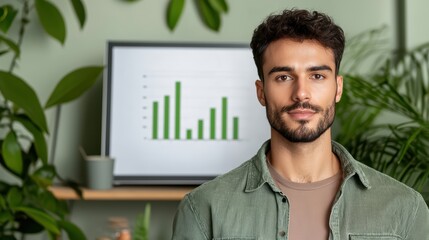 Poster - Young professional man with beard standing in front of bar graph chart in modern office with greenery decor