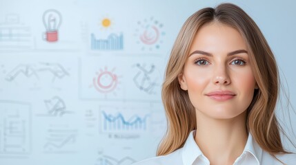 Poster - Confident Businesswoman Standing in Front of Creative Charts and Graphs on Wall with Positive Expressions and Professional Attire