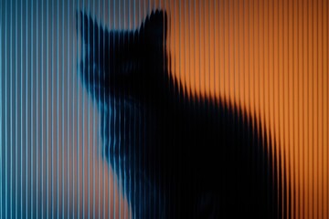 Poster - Mysterious black cat silhouette behind textured glass creating a captivating visual with orange and blue backlight