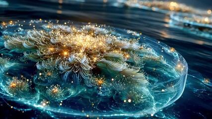Poster - A luminous, sci-fi-style petri dish reveals intricate glowing organisms suspended in a shimmering fluid