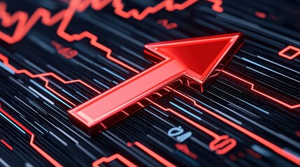 Poster - Red Arrow Rising on Digital Data Background Representing Growth in Finance, Technology, and Business Metrics
