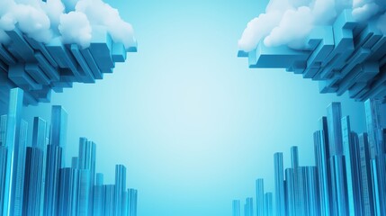 Poster - Abstract Scene of Stylized Skyscrapers with Clouds Against a Soft Blue Background for Futuristic Visual Concepts