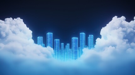 Poster - Futuristic Cityscape Emerging from Clouds with Neon Lights and Digital Aesthetic in a Dramatic Sky Background