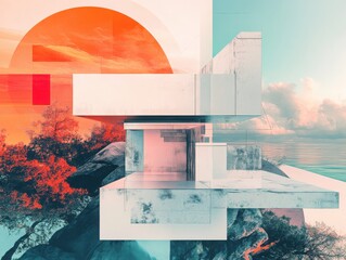 Poster - Abstract Architectural Composition with Geometric Shapes Nature Elements and a Dreamy Surreal Aesthetic