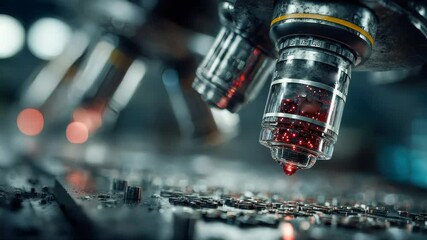 Poster - Microscope lens dripping red liquid onto a circuit board in a futuristic lab