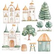 © Pixelbiz - Enchanted Watercolor Castle Collection with Magical Trees and Fairy Tale Elements for Dreamy Illustrations
