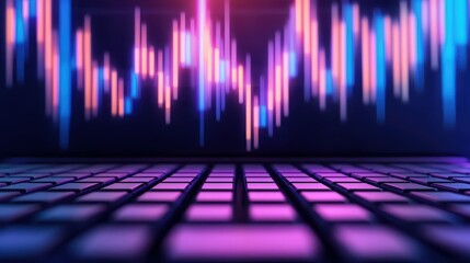 Poster - Colorful Digital Sound Wave Visualization with Keyboard in Focus and Abstract Background for Technology Themes