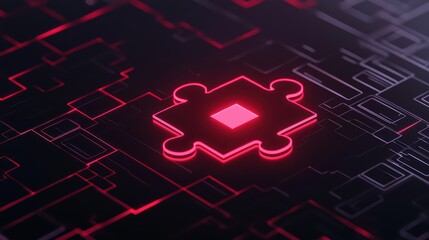 Poster - Abstract image of digital puzzle piece glowing in neon red color on a dark background with intricate geometric patterns