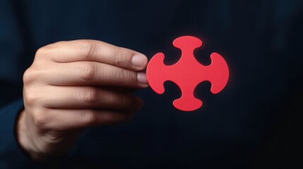 Poster - Hand Holding Bold Red Puzzle Piece Against Dark Background Representing Problem Solving and Creativity