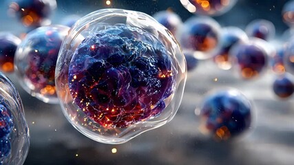 Fototapete - Glowing digital cells floating in a surreal 3D microscopic environment