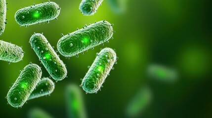Poster - Vibrant Green Bacteria in Microscopic View with Glowing Elements Against a Soft Green Background