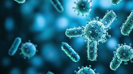 Poster - Colorful microscopic bacteria and virus cells in a digital art representation for scientific research and medical education