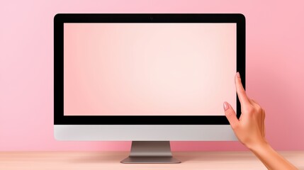 Poster - Hand Touching Blank Computer Screen Displaying Soft Pink Background on Minimalist Desk with Neutral Tones