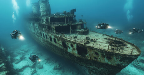 Aufkleber - A team of autonomous robots navigates the depths of the ocean, examining a submerged wreck.