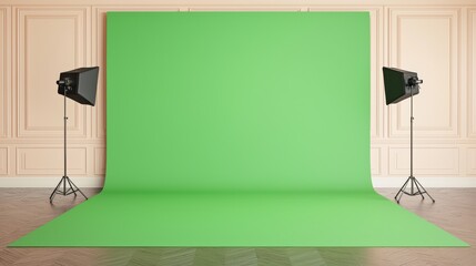 Poster - Bright Green Backdrop with Studio Lights Ideal for Photography and Videography Projects in a Modern Setting