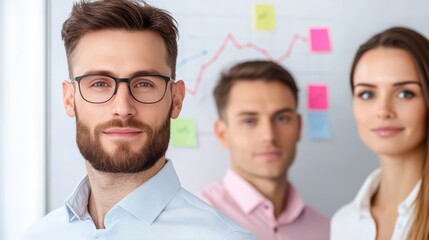 Poster - Confident Business Professionals Engaging in Team Collaboration with Visual Data Insights in Modern Office Environment