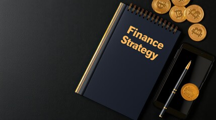 Poster - Finance strategy notebook with cryptocurrency coins and smartphone on dark background showcasing investment ideas