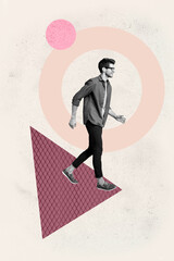 Poster - Vertical poster art photo collage of happy businesswoman businessman stand geometric figure development career progress stats