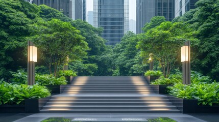 Poster - A vibrant pathway lined with trees and lights connects urban buildings, showcasing a commitment to sustainability and smart city design while promoting biodiversity and green spaces.