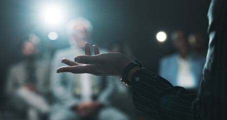 Poster - Hands, speaker and conference with business person at summit for presentation, panel and expo. Public speaking, audience and convention with closeup of employee on stage for seminar and event