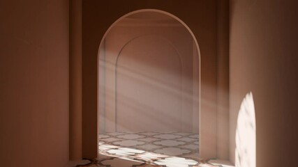 Poster - Sunlight shining through arched hallway interior. 3d animation