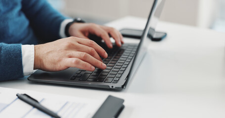 Poster - Business, man or hands typing on laptop in office for finance report, performance review or auditing. Financial analyst, employee or tech for investment portfolio, email networking or budget proposal