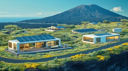 Aufkleber - Modern homes featuring renewable solar power systems are surrounded by lush greenery on a hillside, with a majestic volcanic mountain in the backdrop during a vibrant sunset.