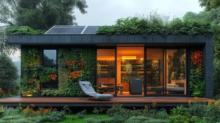 Poster - A modern dwelling integrates solar power and natural vegetation, demonstrating off grid living. The bright interior reveals a cozy atmosphere amidst flourishing flora, promoting net zero living.